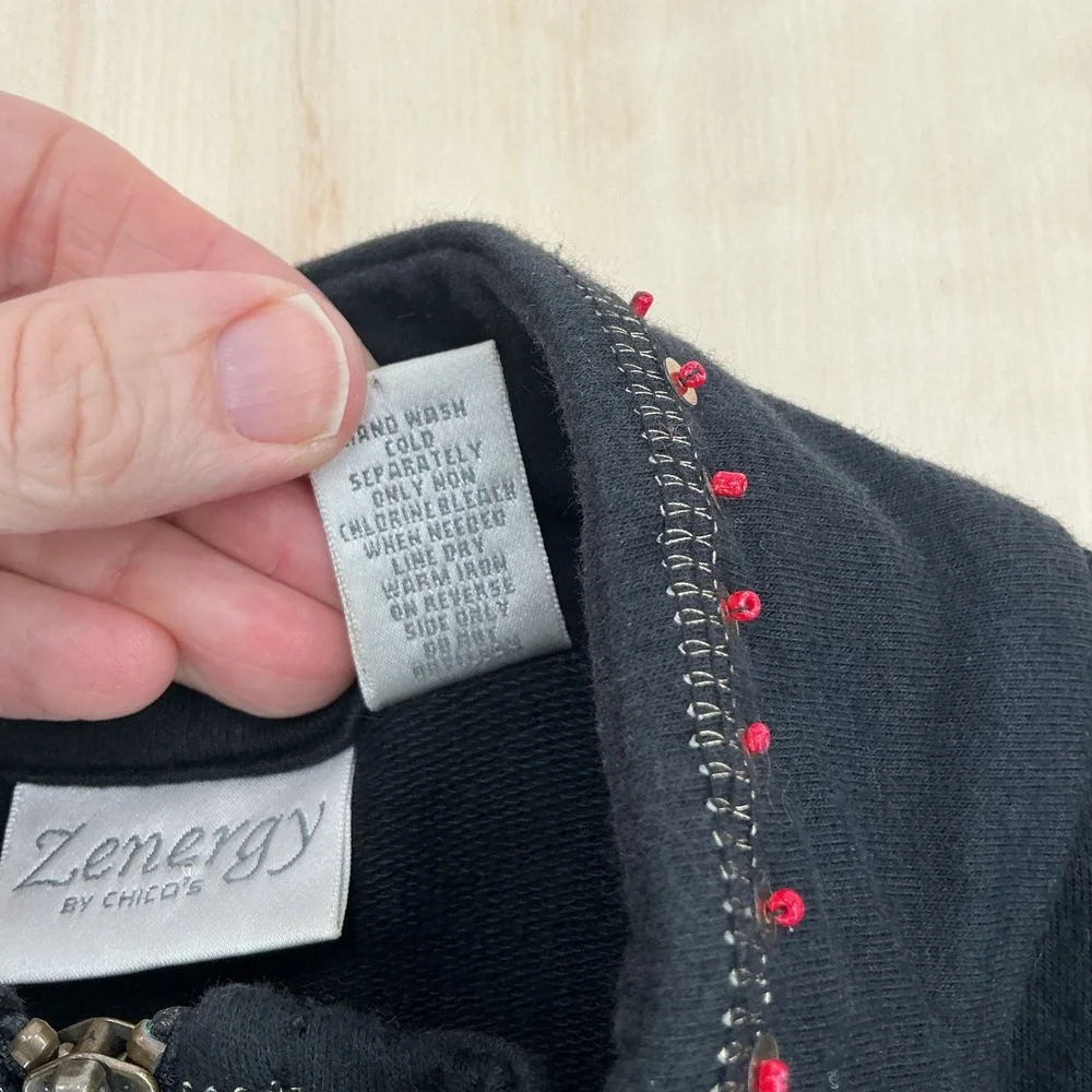Zenergy by Chicos Jacket Womens 1/S Black Beaded Sunburst Zip Up Track Boho Art